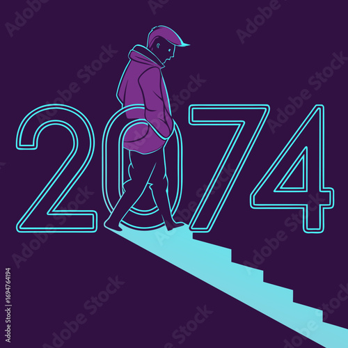 A lone figure walks down illuminated stairs into the year 2074 symbolizing the future and the unknown journey ahead
