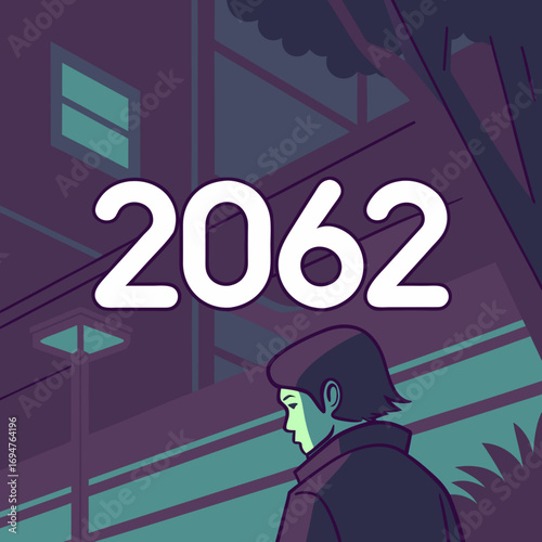 A lone figure walks through a futuristic city street at night with the year 2062 prominently displayed