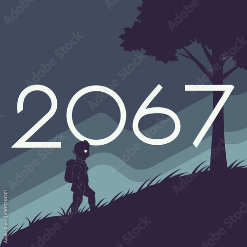 A lone silhouette of a child with a backpack climbs a grassy hill towards the year 2067