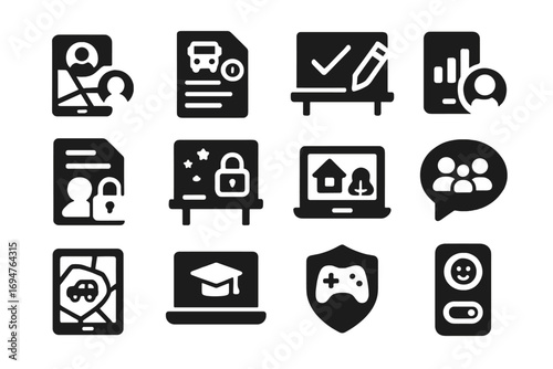 Business and security solid icon set. office, data protection, privacy, tech symbols
