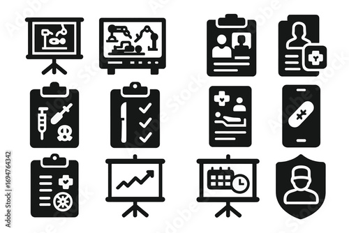 Healthcare and medical silhouette icon set: charts, clipboards, and ehr visuals