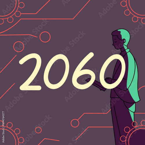 A person looking at the year 2060 represented by a large numeral on a dark background with futuristic circuit board elements