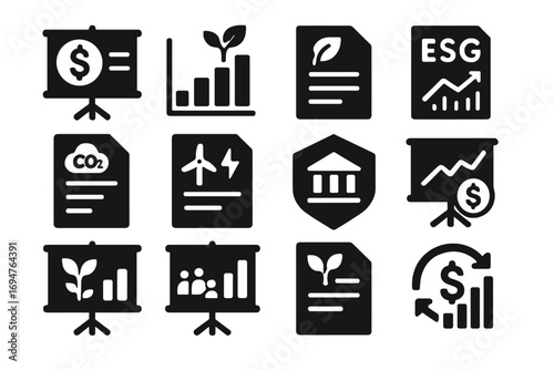 Business and sustainability solid icon set featuring finance and growth symbols