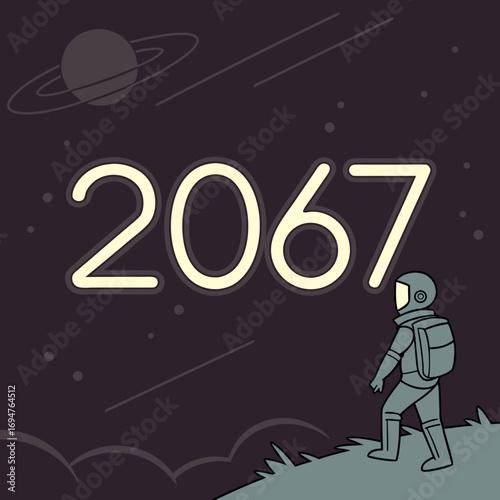 Astronaut gazes at the year 2067 in the vastness of space with a distant planet and shooting stars