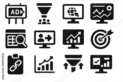 Marketing, analytics silhouette icon set. data, strategy visualization collection