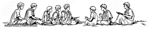 ancient greek philosophy class – students learning in monochrome vector line art