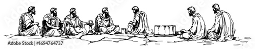 greek philosophers playing board game – ancient monochrome vector line art