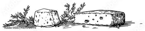 ancient greek cheese with herbs – monochrome outline vector illustration