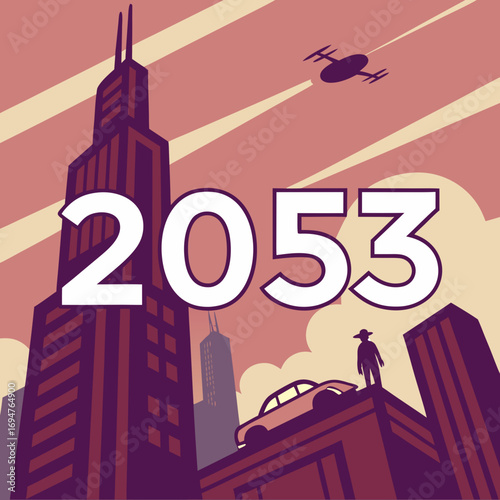 Futuristic cityscape in 2053 with towering skyscrapers a flying drone and a lone figure on a rooftop overlooking a classic car