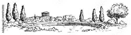 greek landscape with temple ruins – monochrome outline vector illustration