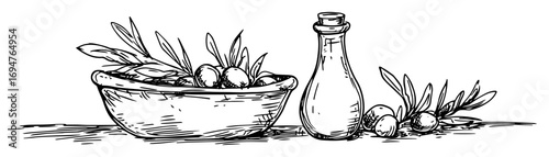 olive bowl and oil bottle – greek food monochrome outline vector