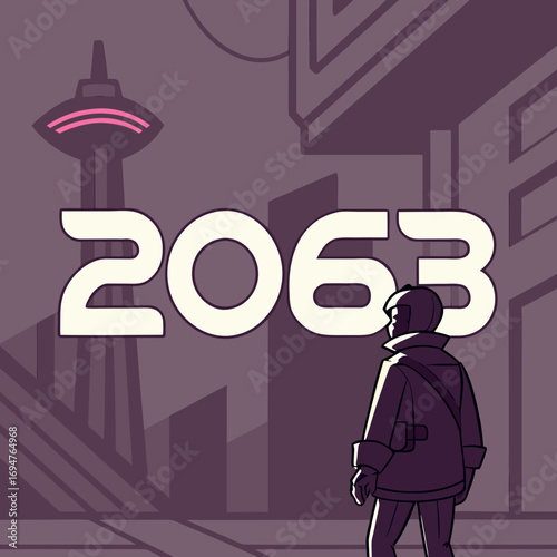 Futuristic cityscape with a lone figure looking towards the year 2063 and a prominent tower
