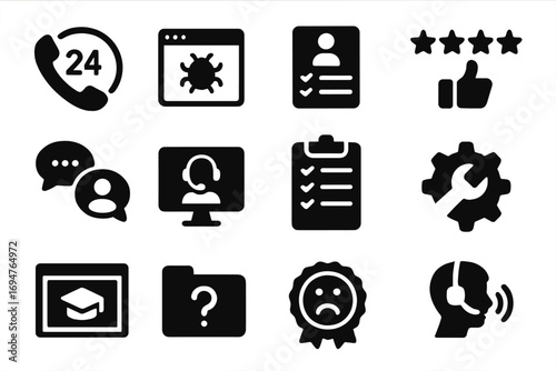 Customer service solid icon set. communication, support tools icons collection