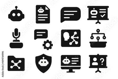 Technology and ai silhouette icon set. robot, network, chat, gear, security silhouettes