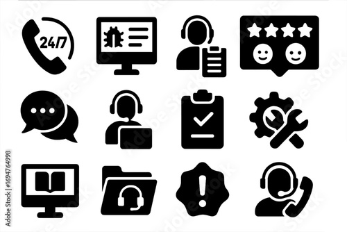 Customer service solid icon set for support and communication essentials