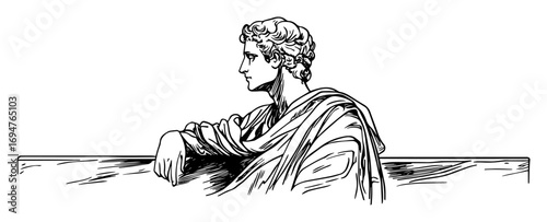 ancient greek man resting on balcony – monochrome outline vector