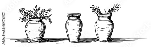 ancient greek vases with herbs – monochrome outline vector illustration