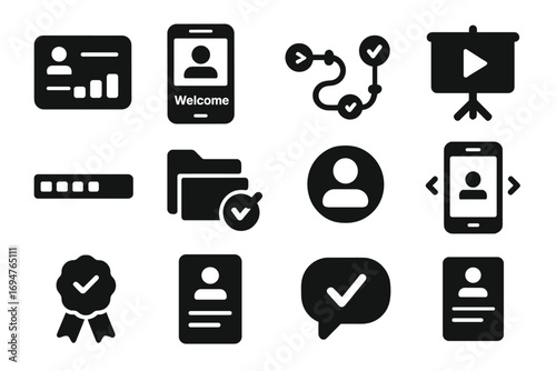 Business management solid icon set. organization, strategy icons collection