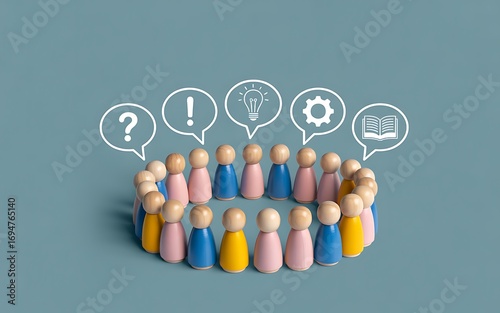 Conceptual image of a diverse group of people in a circular meeting. White icons in speech bubbles represent brainstorming, collective intelligence, knowledge sharing, and teamwork