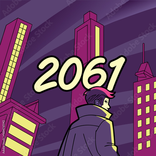 Futuristic man in trench coat stands in a stylized cyberpunk city at night with the year 2061 displayed prominently