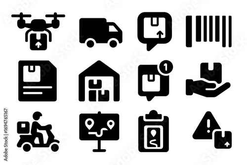 Logistics and delivery solid icon set. parcel, warehouse, tracking icons collection