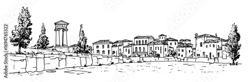 ancient greek city ruins – monochrome outline vector illustration