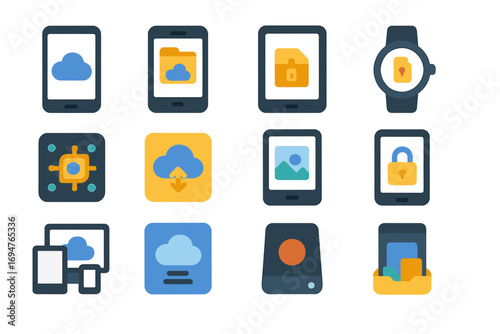 Cloud technology solid icon set. network, data security, and storage icons collection