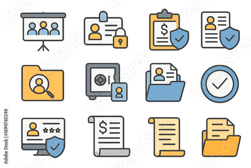 Business and security linear icon set. data, protection, file management icons collection