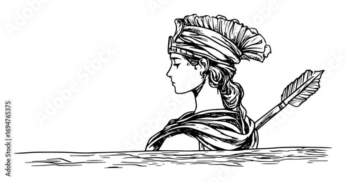 ancient greek woman with spear – monochrome outline vector illustration