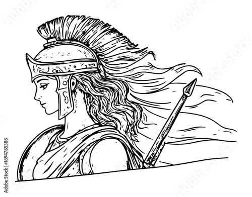 ancient greek warrior woman with helmet – monochrome outline vector