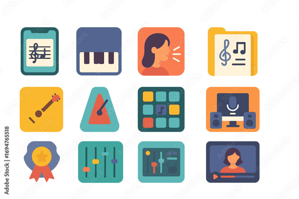 Music and audio solid icon set. instruments, notes, and sound icons collection
