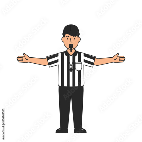 Isolated sports referee cartoon making a hand signal with outstretched arms, a flat vector concept illustration of rules and judgment in a game