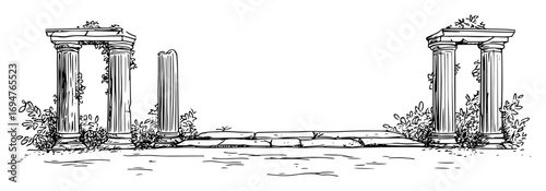 ancient greek ruins with columns – monochrome outline vector illustration