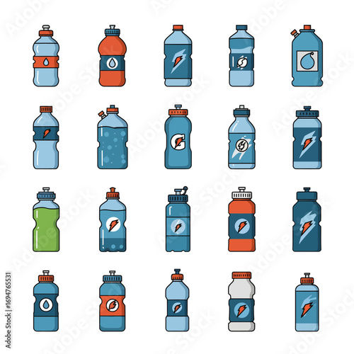 A diverse set of colorful sports water bottle icons, representing hydration and energy for fitness, workouts, and athletic performance