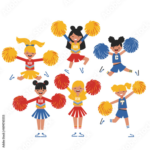 Energetic and diverse group of happy cartoon cheerleader girls in colorful uniforms jumping with pom-poms