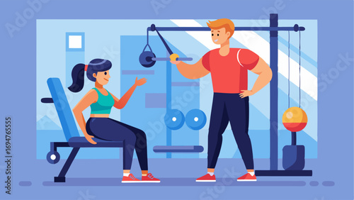 A personal training session with a trainer helping their client use resistance machines.
