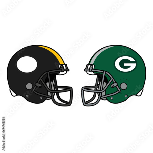 Vector illustration of two classic American football helmets facing off in a competitive sports matchup, one black team versus a green team icon