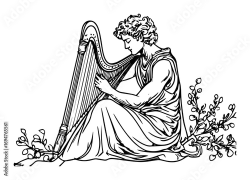 ancient greek musician playing harp – monochrome outline vector illustration