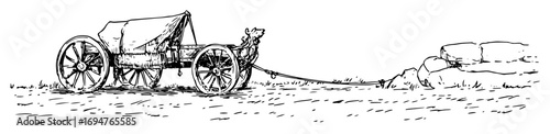 ancient greek cart with donkey – monochrome outline vector illustration