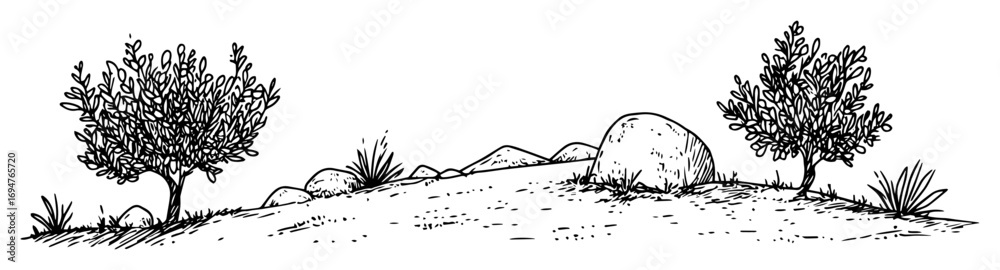 Naklejka premium greek countryside with trees and rocks – monochrome outline vector illustration