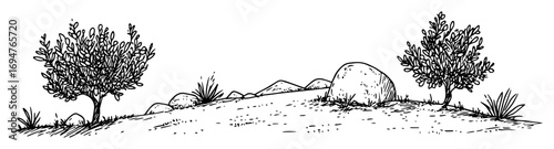 greek countryside with trees and rocks – monochrome outline vector illustration