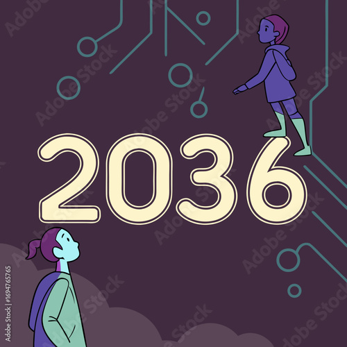 Two young people look up at the year 2036 with futuristic digital circuit board elements in the background