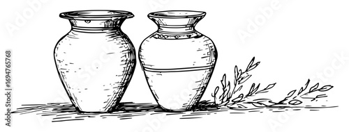 ancient greek amphora jars – monochrome outline vector illustration