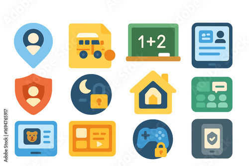 Education and security flat icon set. school, lock, identification, game icons collection