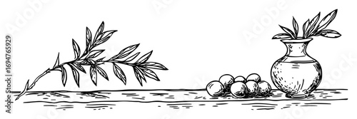 olive branch with fruits and vase – monochrome outline vector illustration