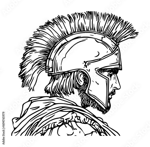 ancient greek soldier helmet profile – monochrome outline vector illustration