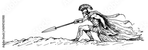ancient greek warrior charging with spear – monochrome outline vector illustration