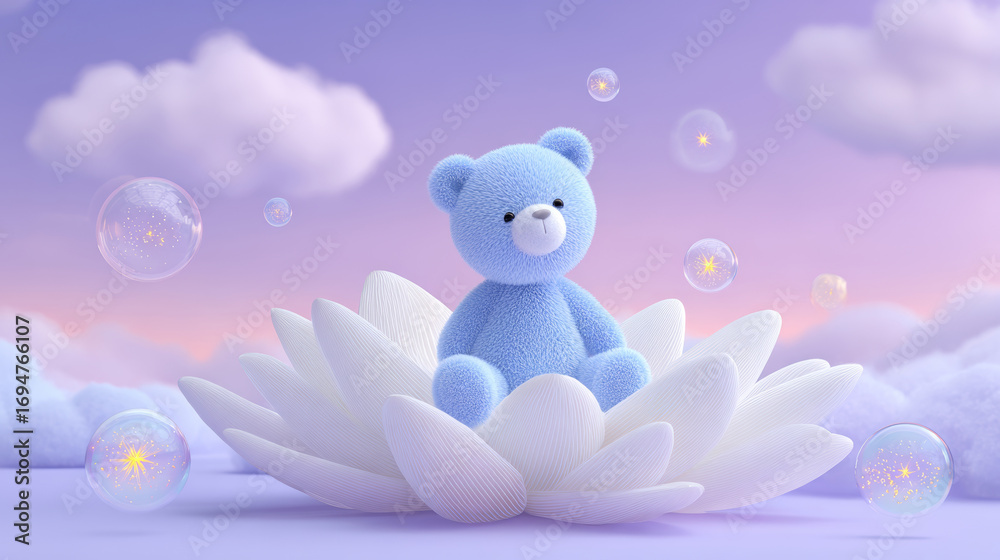 Fototapeta premium Blue plush bear sitting on a lotus