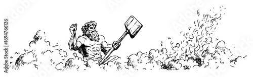 ancient greek god with hammer – monochrome outline vector illustration