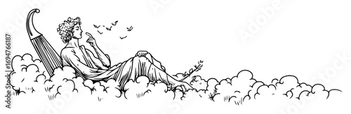 ancient greek musician on cloud – monochrome outline vector illustration